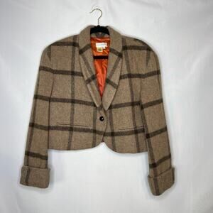 VTG Womans Alfred Sung Sport Wool Mohair Cropped Blazer Brown Tan Checker Sz 4